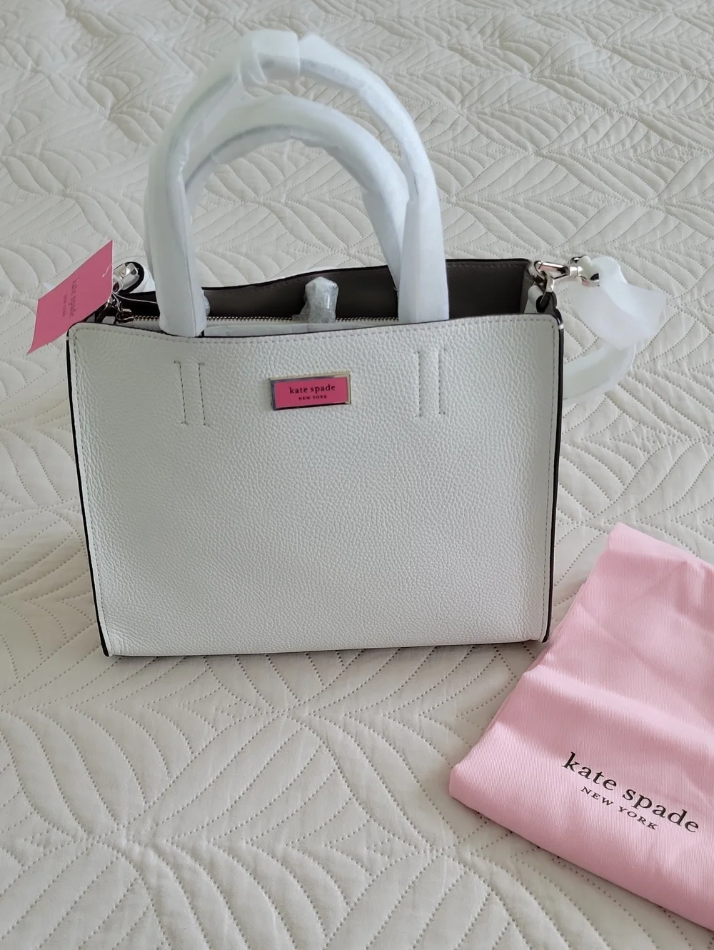 kate spade White Pebbled Leather Satchel with Pink Logo Plaque